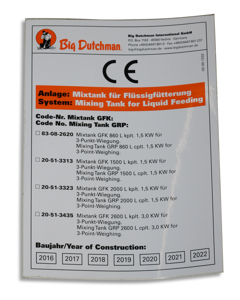 Typenschild D/GB: Mixtank GFK bis 2600L